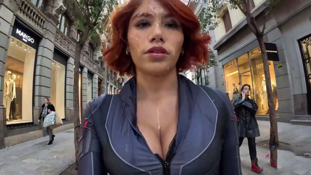 Marina Gold Black Widow Cosplay Public Cumwalk